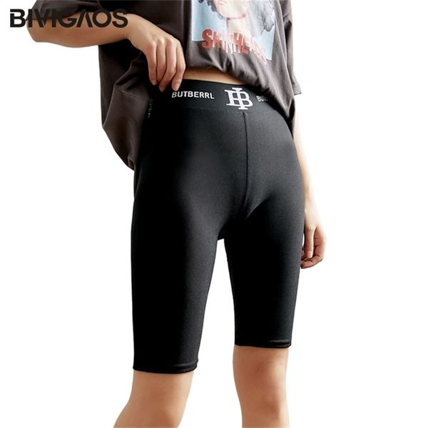BIVIGAOS Summer B Letter Stretch Pantalones cortos de ciclismo de cintura alta para mujer Negro Biker Sports Hasta la rodilla Slim Casual Short 210722