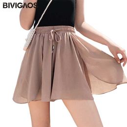 BIVIGAOS Zomer Verstoorde Bloemblaadjes Chiffon Rok Shorts Dunne Hoge Taille Losse Wijde Pijpen Korte Casual Korte Culotte 210311