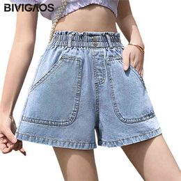 Bivigaos zomer vrouwen wide been jeans shorts grote zak denim dames losse casual hoge taille 210714