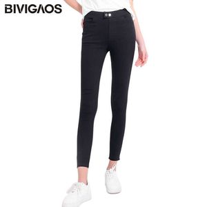 BIVIGAOS femmes nouveau pantalon magique deux boutons haute élastique noir Leggings mince mince neuvième Skinny Legging crayon Q0801