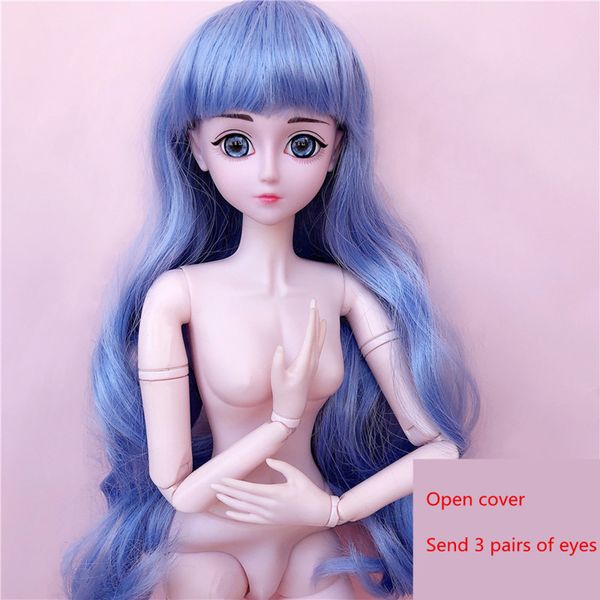 Bjd Dolls 60 cm 20 articulaciones 3 pares de ojos cubierta de pelo desmontable 1/3 niña vestido de moda desnudo medio largo 220822