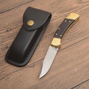 BK Classic 112 Couteau pliant tactique automatique 440C Lame satinée Poignée à tête en ébène / en laiton Couteaux de poche EDC avec gaine en cuir Couteaux cadeaux