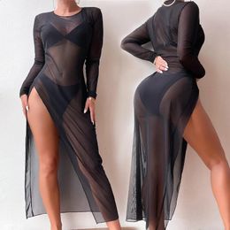 BKLD 2024 Beach Cover Ups for Women Sexy Round Neck Vacation Outfits Mesh Dress Black Perspectief Bodycon 240327