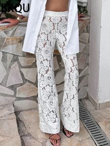 BKQU Lace Mesh Patchwork Flower Flared Pants Women Streetwear High Taille doorzichtige broek 2024 Spring Summer Party Club Wear 240423