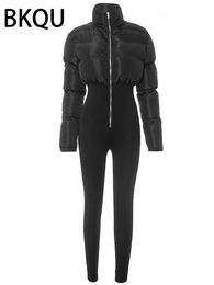 BKQU Patchwork Bodycon Lange Mouw Jumpsuits Voor Vrouwen Herfst Winter Dikke Warme Hoge Taille Rits Trend Onepiece Rompertjes 24030