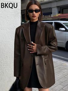 Bkqu vintage bruin lederen losse blazer jas vrouwen casual zwarte zwarte heuveltjes pakken pakken pakken jas oversized streetwear 240423