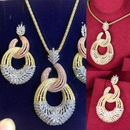 Blachette luxe haute qualité brillant Zircon géométrie pendentif collier boucles d'oreilles 2 pièces Dubai femmes de mariage fête quotidienne ensemble de bijoux H1022