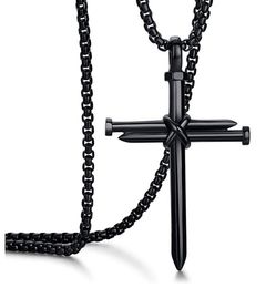 Zwart 18-28 Inch Rolo Chain Rvs Nail Cross Hanger Ketting Christelijke Sieraden Religieuze Gift voor Mannen Jongens Vrouwen