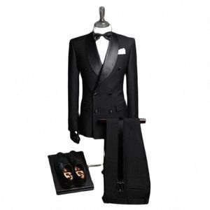 Blazer noir 2 pièces pour hommes, costume à Double boutonnage, sur mesure, coupe cintrée, smoking de mariage pour hommes, veste + pantalon, 24ga #