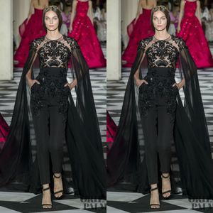 Schwarze 2019 Jumpsuits Abendkleider mit Cape Jewel Neck Spitze applizierte Perlen Ballkleider Zuhair Murad formelles Partykleid