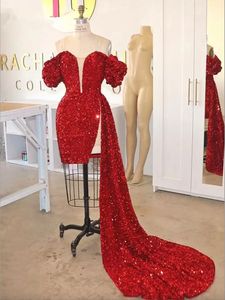 Zwart 2024 Sexy short prom jurken Sweetheart Neck Off Shoulder Ruffles African Girl Red Party Dress met Watteau Train