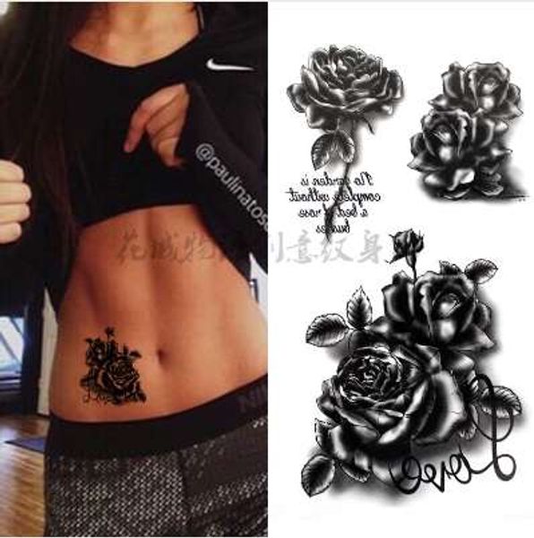 Black 3d Big Flower English Letter Body Art impermeable Rosa sexy para mujer Pegatinas de tatuaje de flash 10*20cm KD735