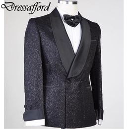 Black 3D Jacquard Weave Men Suit Formal Party Blazer Two Pieces Groom Wear (veste + pantalon)