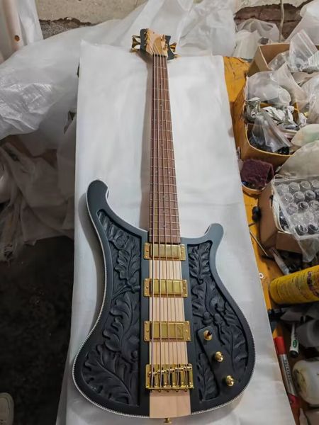 Black 5 String Electric Bass Guitar 4003 Rick Neck Thru Bass Bass Rosewood Carving Inclay Body