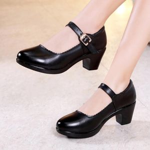 Zwart 5 cm met dikke enkele schoenen rond hoofd groot formaat werk 2021 Cheongsam Catwalk Square Dance Damesjurk