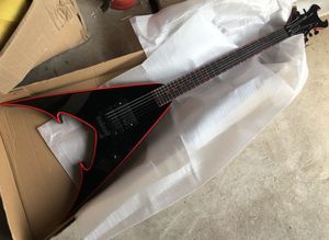 Guitare électrique noire à 6 cordes avec touche en palissandre, Floyd Rose, reliure et incrustation rouges, peut être personnalisée