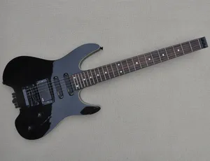 Black 6 cordes guitare électrique sans tête avec des micros SSH, reliure corporelle, offrir un logo / couleur personnaliser