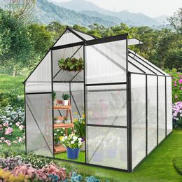 Zwarte 6x8ft Polycarbonaat Broeikas Verhoogde Basis en Anker Aluminium Heavy Duty Walk-in Serres voor Buitentuin Achtertuin in het hele seizoen