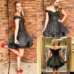 Zwart A Line Cocktail Jurken 2024 Cap Mouwen Lace Applique kristal Ruches Korte mini Party prom jurken formele thuiskomstjurken