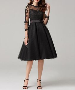 Zwart A-lijn illusie nek knie lengte homecoming jurken tule over kant Zien door 3/4 lengte mouw cocktail jurken met applique