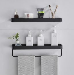 Étagère à serviettes en aluminium noir, support de rangement de salle de bains, plateau mural, vanité de douche, organisateur d'épices 304050cm crochets Rails8356193
