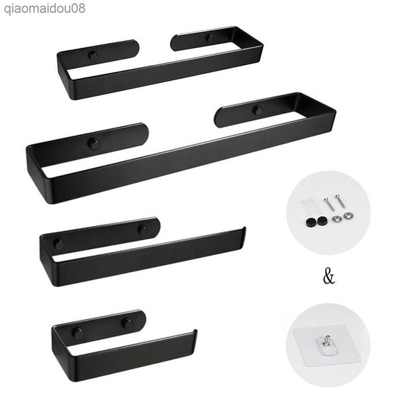 Porte-serviettes en aluminium noir Porte-papier hygiénique Rack Salle de bains Cuisine Porte-serviettes Barre Poinçon Vis gratuites Montage Étagère de rangement Organisateur L230704