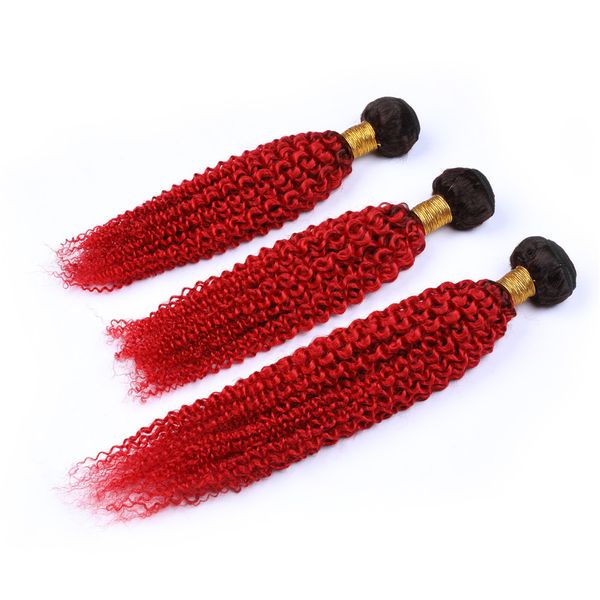 Extensions de tissage de cheveux humains ombré noir et rouge vif # 1B rouge foncé racine Ombre cheveux vierges Bundles Ombre rouge trames de cheveux bouclés malaisiens