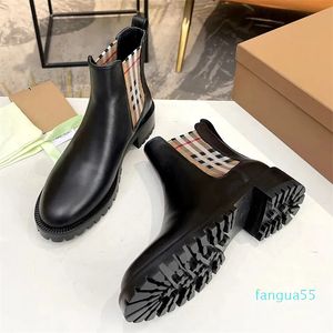 Bottines Chelsea en cuir véritable noir et marron Bande élastique Bloc épais Talon bas Bout rond Chaussures d'extérieur pour femmes Bottes de créateurs de luxe