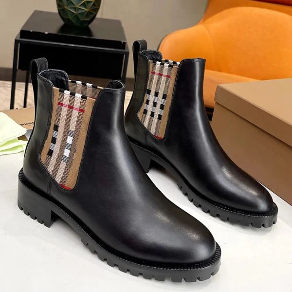 Botines Chelsea de cuero genuino en negro y marrón, banda elástica, bloque grueso, punta redonda, zapatos para exteriores para mujer, botas de diseñador de lujo, calzado de fábrica