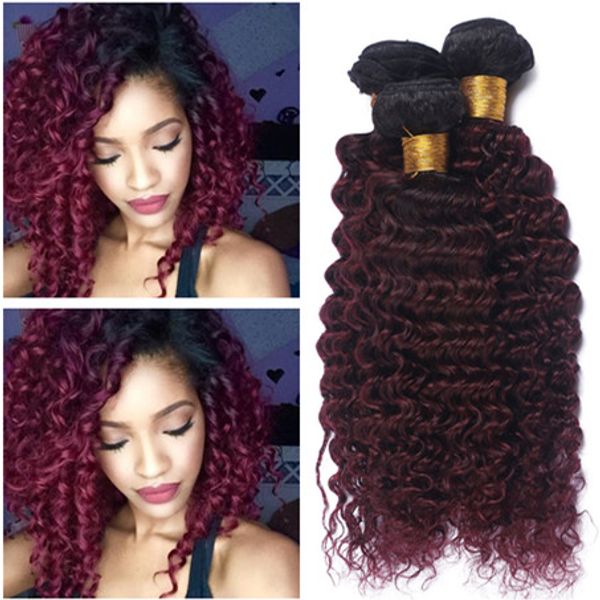 Negro y Borgoña Ombre virgen paquetes de cabello humano peruano onda profunda ondulada 3 Unids # 1B / 99J vino rojo Ombre cabello humano teje extensiones