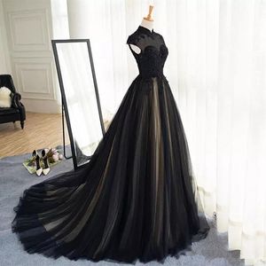 Noir et Champage Manches Courtes Col Haut Une Ligne Robe De Mariée Gothique Modeste Musulman Dentelle Robes De Mariée Sur Mesure Appliques Tulle 249N