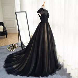 Noir et Champage Manches Courtes Col Haut Une Ligne Robe De Mariée Gothique Modeste Musulman Dentelle Robes De Mariée Sur Mesure Appliques Tulle 243P