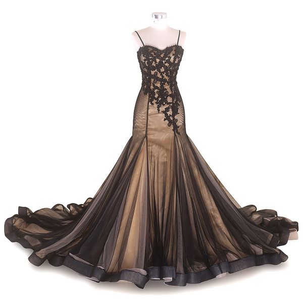 Robe de mariée gothique vintage sirène noire et champagne avec bretelles dentelle perlée tulle chérie corset dos coloré robe de mariée non blanche