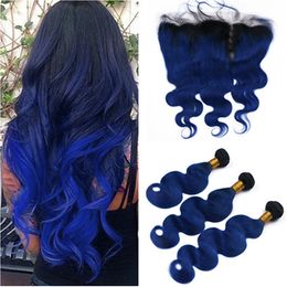 Bundles de tissage de cheveux humains malaisiens de vague de corps d'ombre noire et bleue foncée avec des extensions de cheveux vierges de dentelle frontale de 13x4 # 1B / bleu ombre