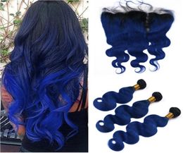 Black and Dark Bleu Ombre Corps malaisien vague de cheveux humains Fils de poils humains avec des cheveux Virgin Embre Frontal Frontal 1BBLUE 13X4 Embre Exte4295356