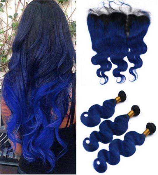 Black et bleu foncé ombre corps malaisien vague de poils humains tisser les faisceaux avec des cheveux Virgin Frontal 1BBlue ombre 13x4