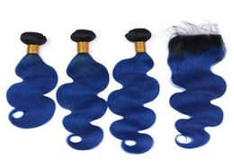 Black and Dark Blue Virgin Brazilian Human Weaves con cierre de encaje 4x4 Body Wave 1B Blue Ombre 3 Bundles con cierre superior255615057