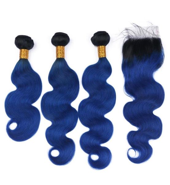 Tissages de cheveux humains brésiliens vierges noirs et bleu foncé avec fermeture en dentelle 4x4 vague de corps 1B bleu ombre 3 faisceaux avec fermeture supérieure258411721