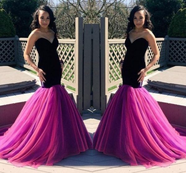 Vestidos de fiesta de sirena negros y fucsia con forma de corazón Vestidos de noche de celebridades con tren de barrido de tul Vestidos Vestidos de desfile para niñas de estilo árabe