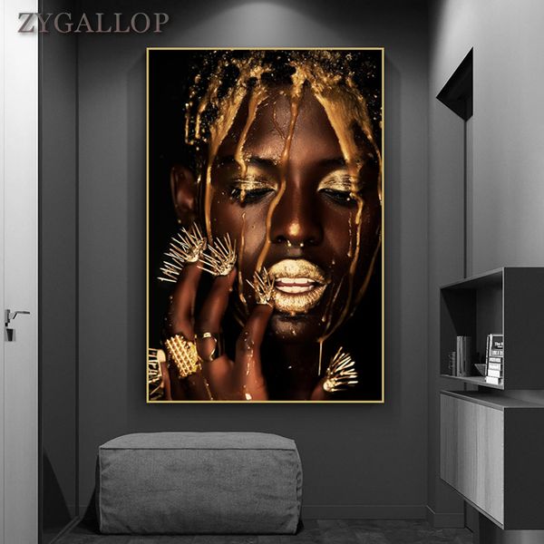 Affiche d'art africain noir et or pour femme, décoration de maison moderne, peinture sur toile, images murales de femmes noires pour salon