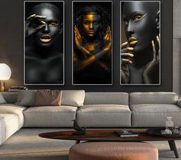 Noir et or femme nue africaine Cuadros toile peinture affiches et impressions mur scandinave photo pour salon décor T2705116