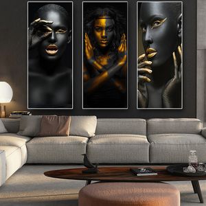 Zwart en goud Afrikaanse naakt vrouw cuadros canvas schilderij posters en prints Scandinavische muur kunst foto voor woonkamer decor