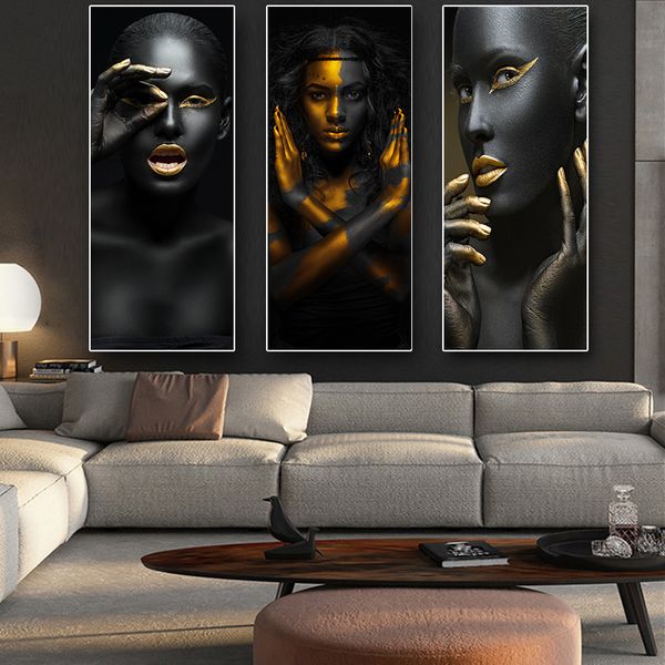 Cuadros de mujer desnuda africana negra y dorada, carteles de pintura en lienzo e impresiones, cuadro de arte de pared escandinavo para decoración para sala de estar