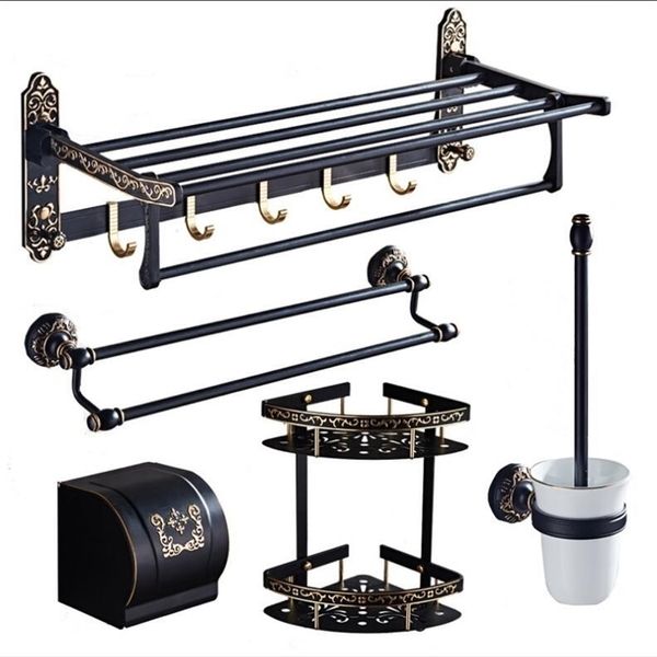 Accesorios de baño tallados en negro y oro Conjuntos de accesorios de baño de aluminio Soporte para papel soporte para cepillo de baño Barra Y200407