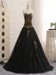 Robe de soirée brodée noire et dorée, tenue de soirée en forme de cœur, corset en tulle, dos long, bon marché, robes formelles de bal, paillettes4257266