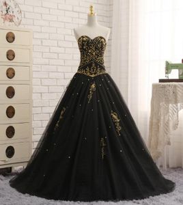 Zwart en goud geborduurde baljurk avondjurken echte po liefje tule corset terug lange goedkope prom formele jurken pailletten5596645