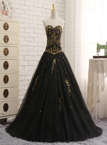 Robe de soirée brodée noire et dorée, tenue de soirée en forme de cœur, corset en tulle, dos long, bon marché, robes formelles de bal, paillettes4257266