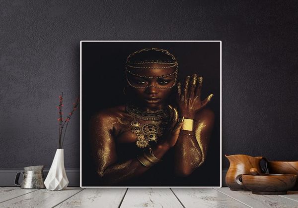 Femme africaine noire et or nue avec toile de peinture sur toile et imprimé image d'art mural scandinave pour le salon6804045