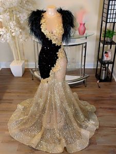 Zwart en gouden prom -jurk pailletten Mermaid Feathers avondfeestjurken voor vrouwen Vestidos de op formales