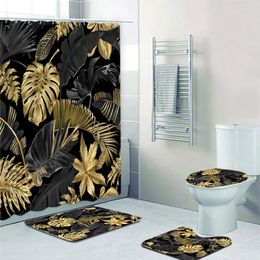 Zwart en Goud Tropische Plant Palmblad Badkamer Douchegordijn Set voor Bad Exotische Bladeren Badmatten Tapijten Toilet Home Decor 240222